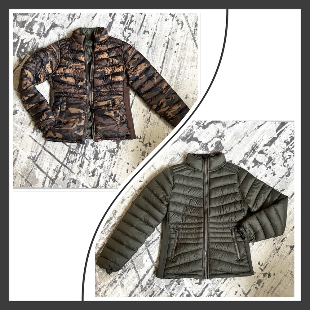 DKNY Reversible Green to Camouflage Puffer Jacket